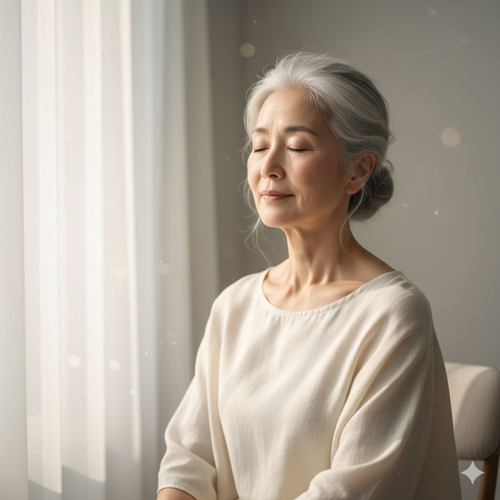 older serene looking Japanese woman with ivory top