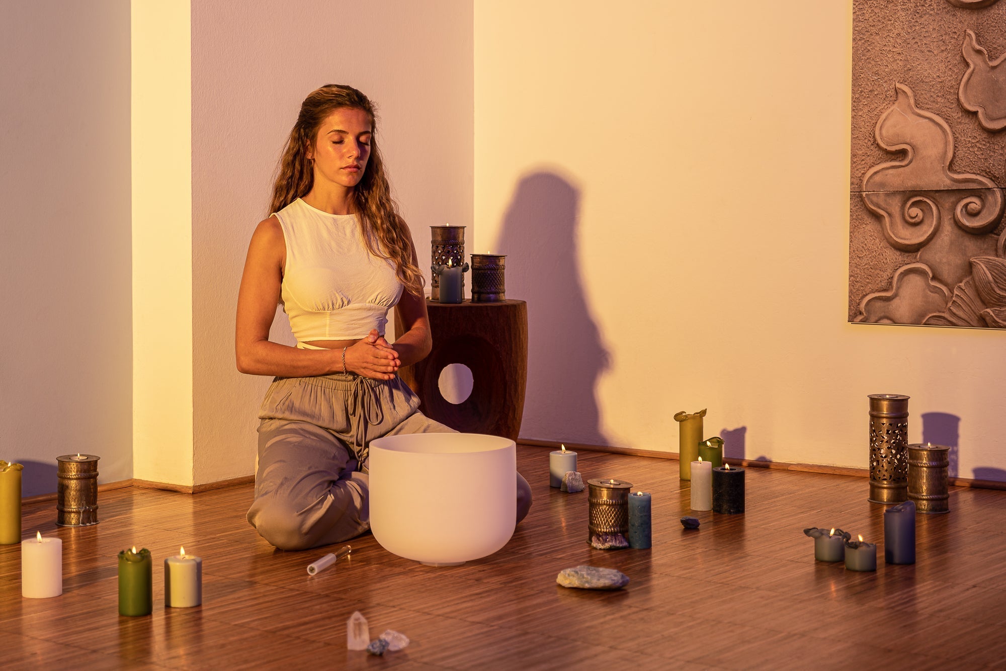 432 Hz 8" - 14" Crystal Singing Bowls Chakra Set of 7 - Pure White Frosted Quartz Sound Healing LAB