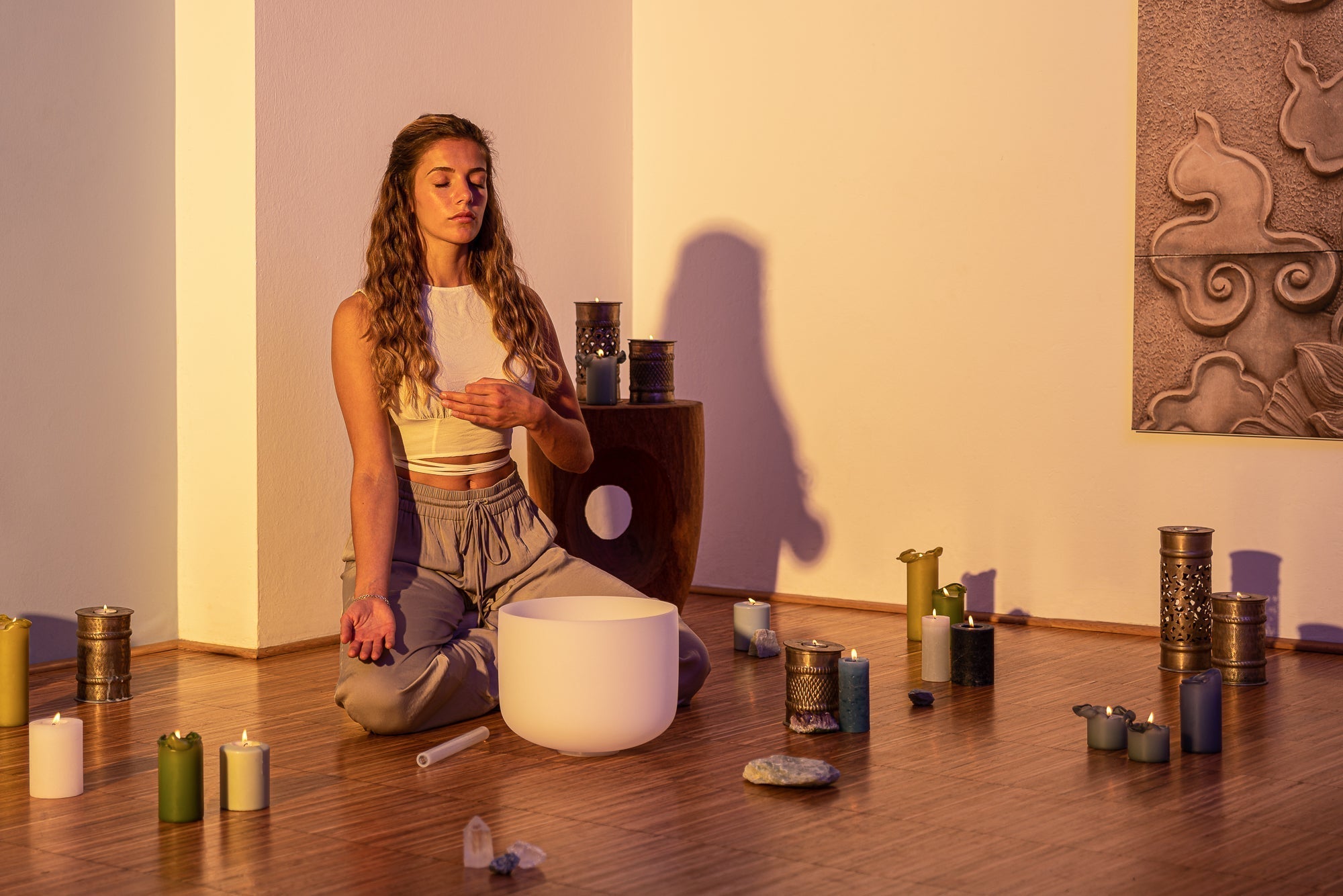 432 Hz 8" - 14" Crystal Singing Bowls Chakra Set of 7 - Pure White Frosted Quartz Sound Healing LAB