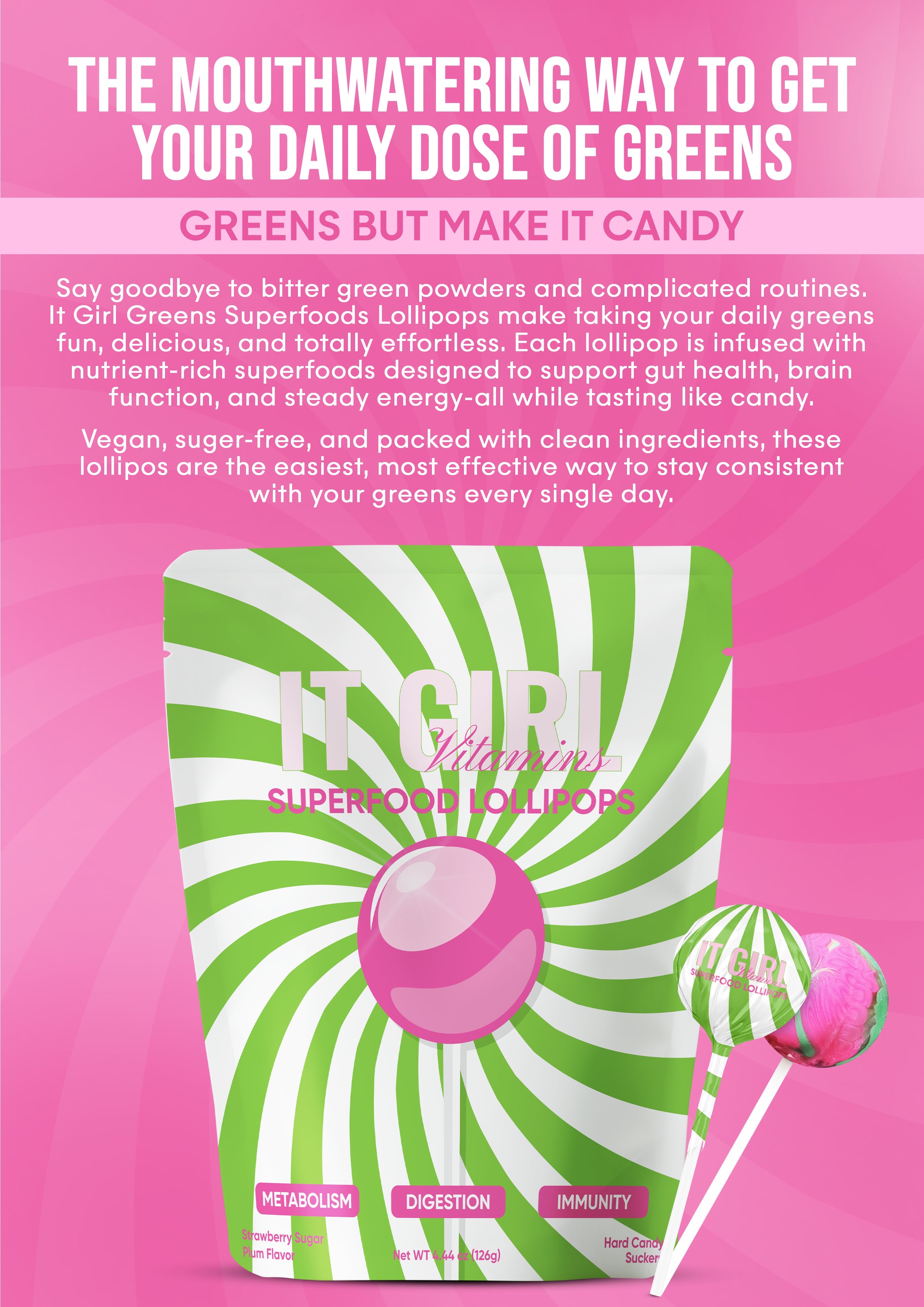 It Girl Superfood Greens Lollipops - Vegan Candy with Supergreens, Vitamins & Antioxidants