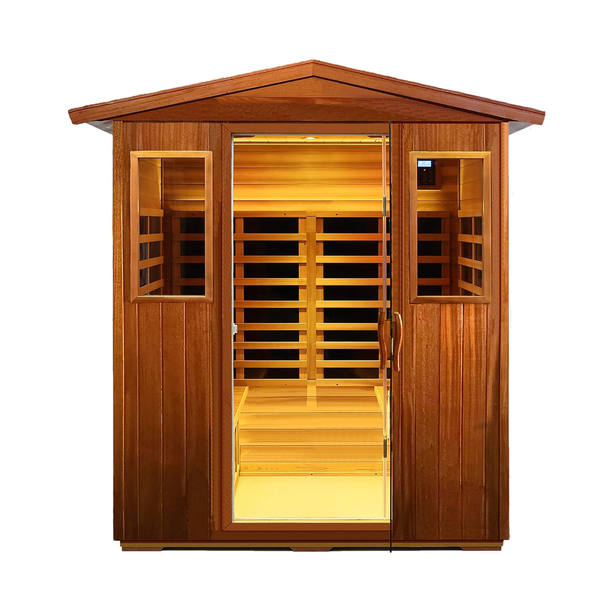 Deluxe 4 - Person Outdoor Mahogany Full Spectrum Ultra - Low EMF FAR Infrared Sauna With Chromotherapy And Bluetooth Speakers (SAK98263) SAKSBY WHOLESALE