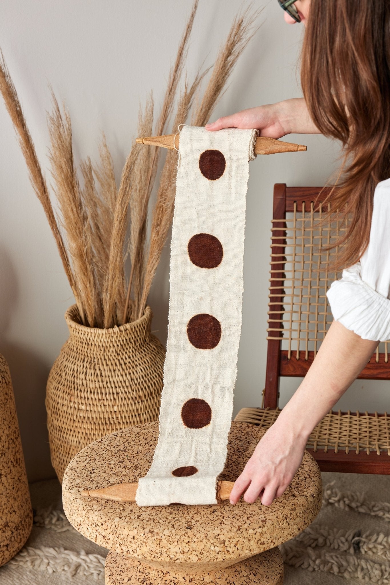 Flourish Bogolan Wall Totem in White with Brown Circles Kanju Interiors