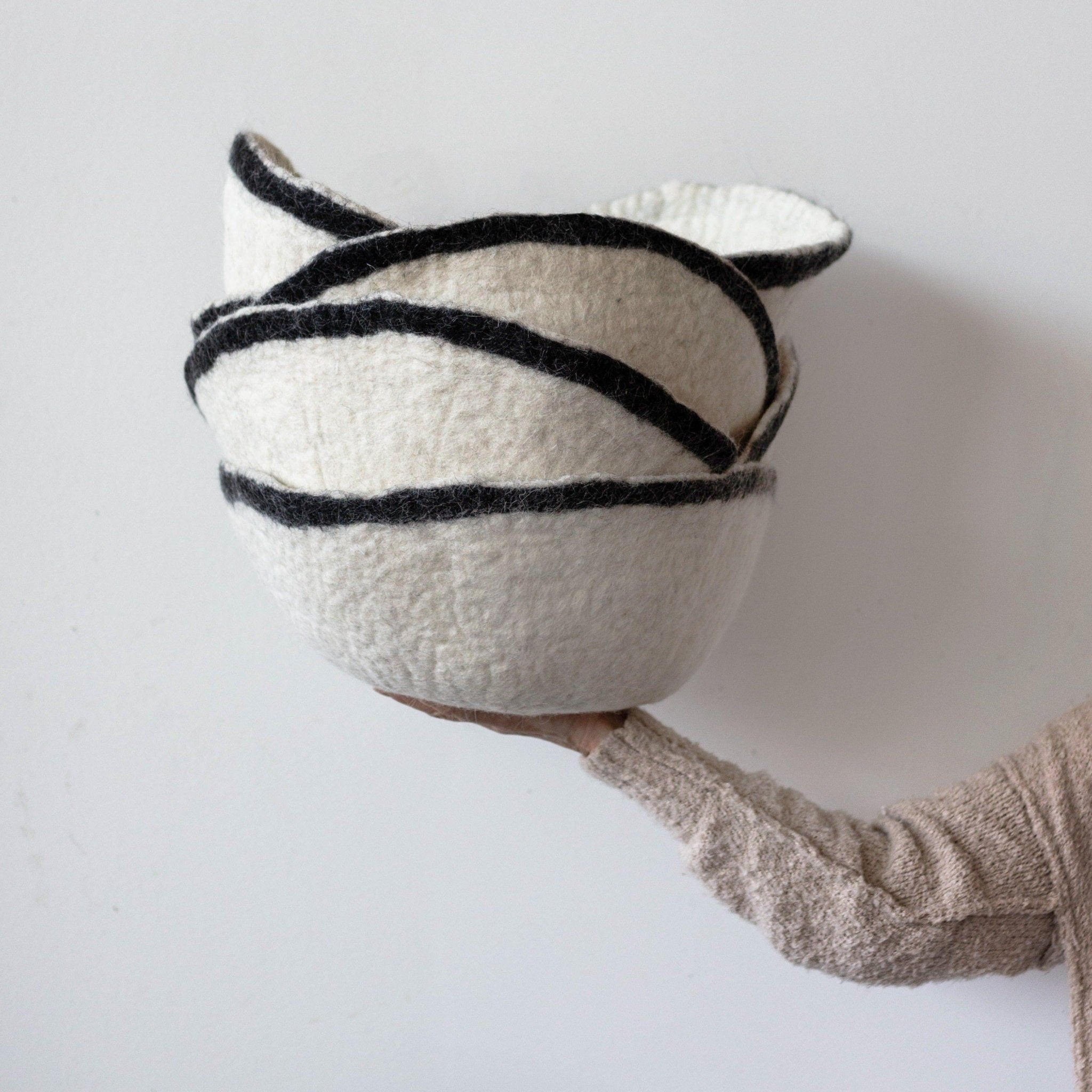 Orbit Hand - Felted Wool Natural White and Black Bowl Kanju Interiors