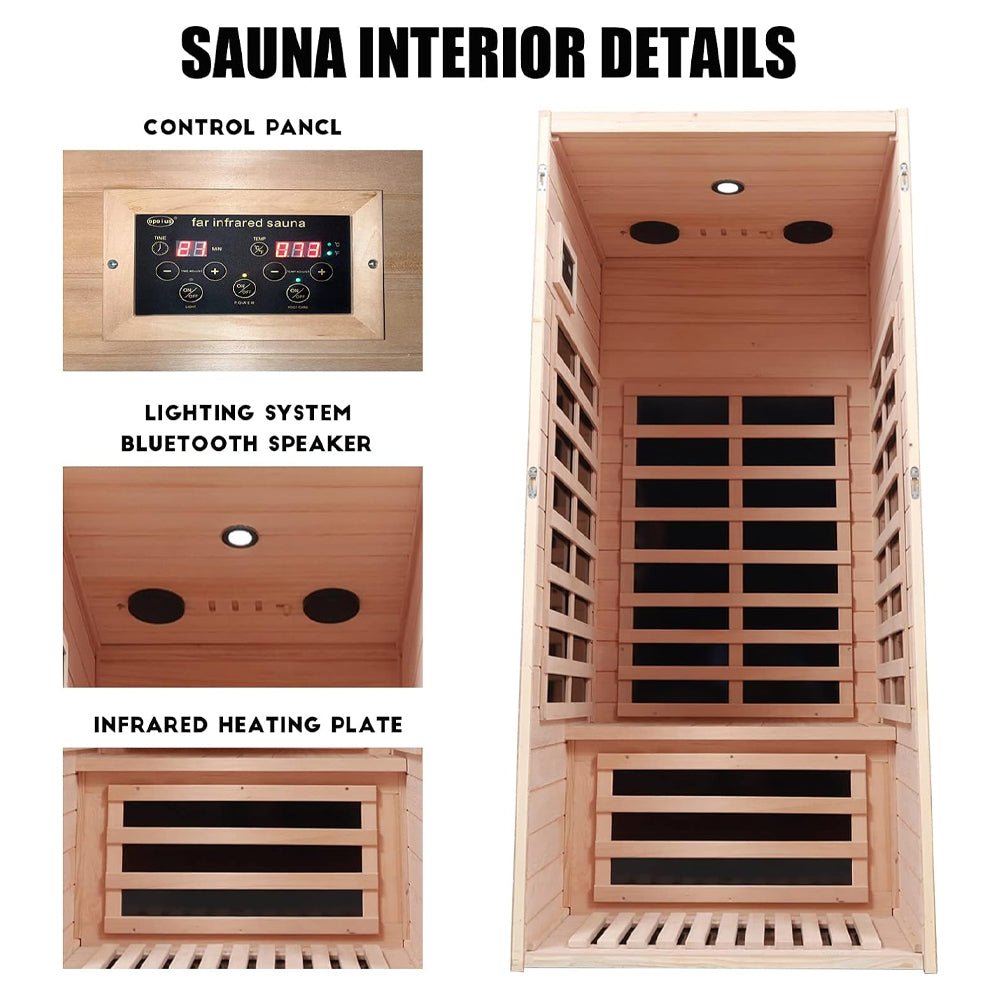 Premium 1 - Person Indoor Low EMF FAR Infrared Heat Hemlock Wood Personal Home Spa Sauna, 1200W (SAK27463) SAKSBY WHOLESALE