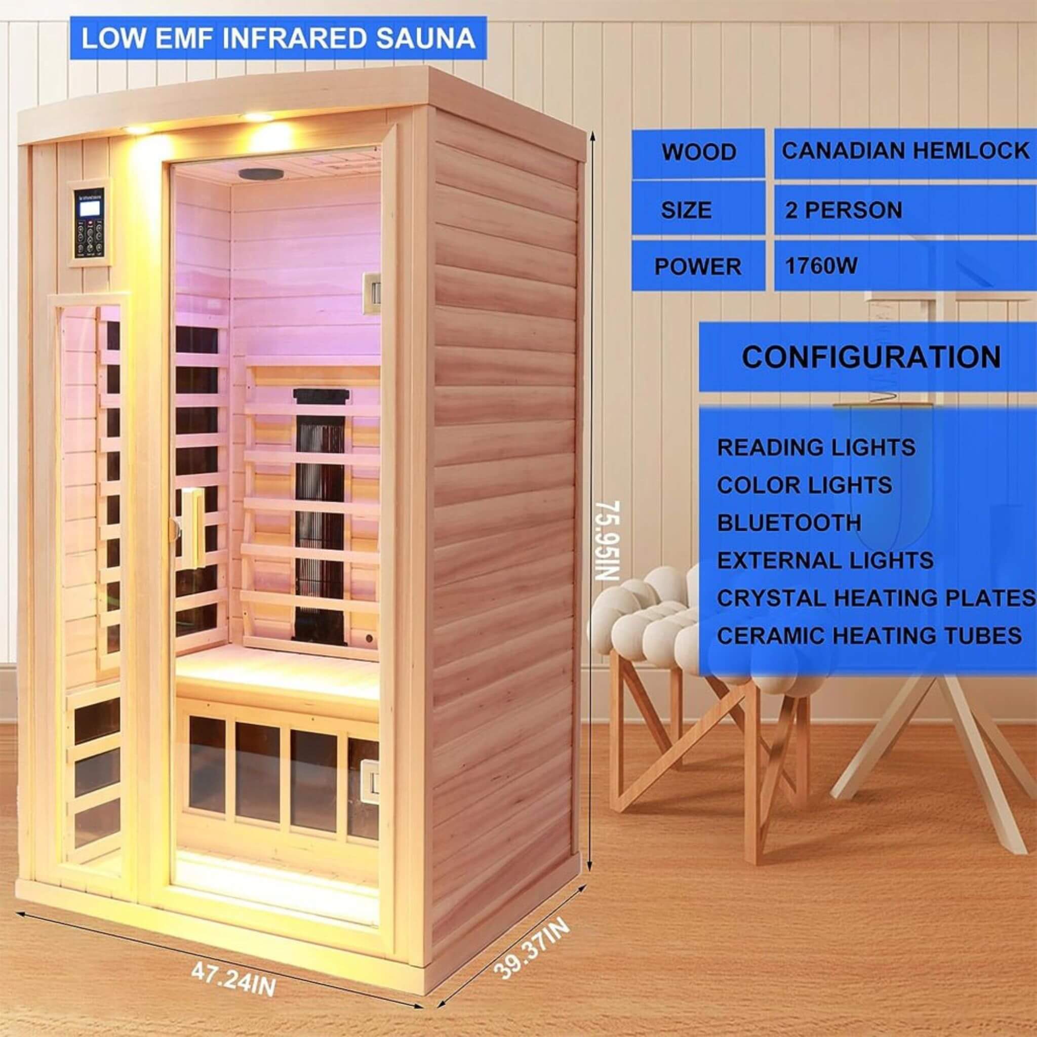 Premium 2 - Person Low EMF FAR - Infrared Heat Wood Home Personal Spa Sauna With Ceramic Heaters, 1760W (SAK25714) SAKSBY WHOLESALE