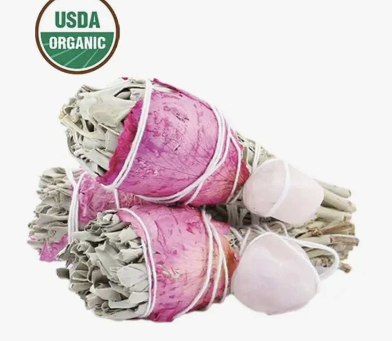 Sage Torch Smudge - Rose Petals & Rose Quartz Sacred Crystals