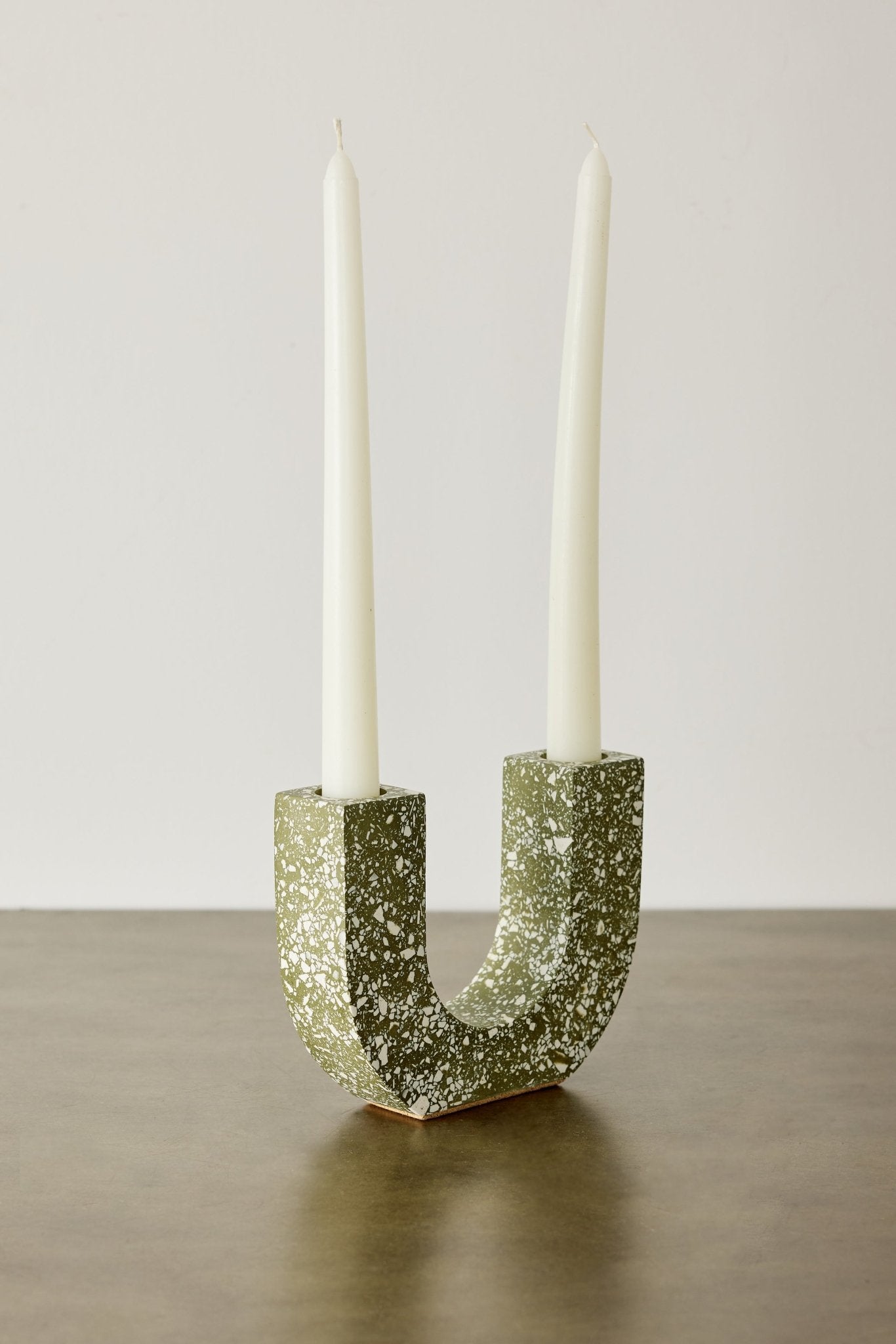 U - shaped Olive Terrazzo Taper Candle Holder Kanju Interiors