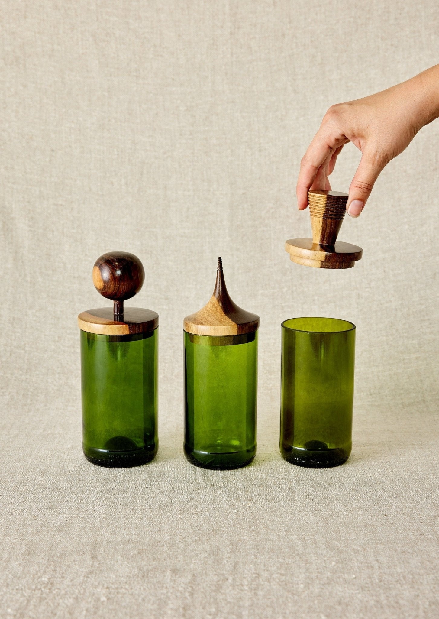 Wooden Topped Green Apothecary Jars Kanju Interiors