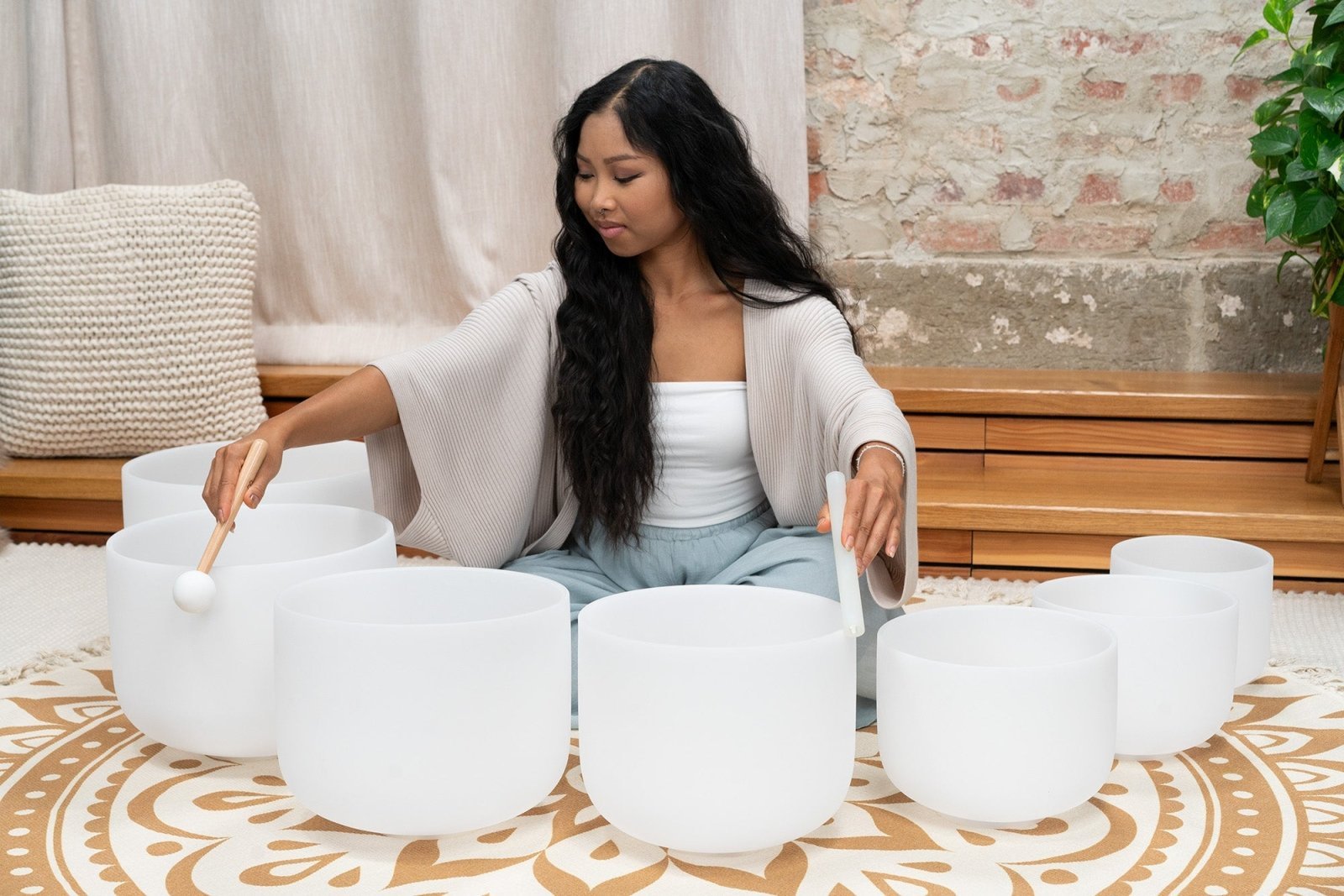 432 Hz 8" - 14" Crystal Singing Bowls Chakra Set of 7 - Pure White Frosted Quartz Sound Healing LAB