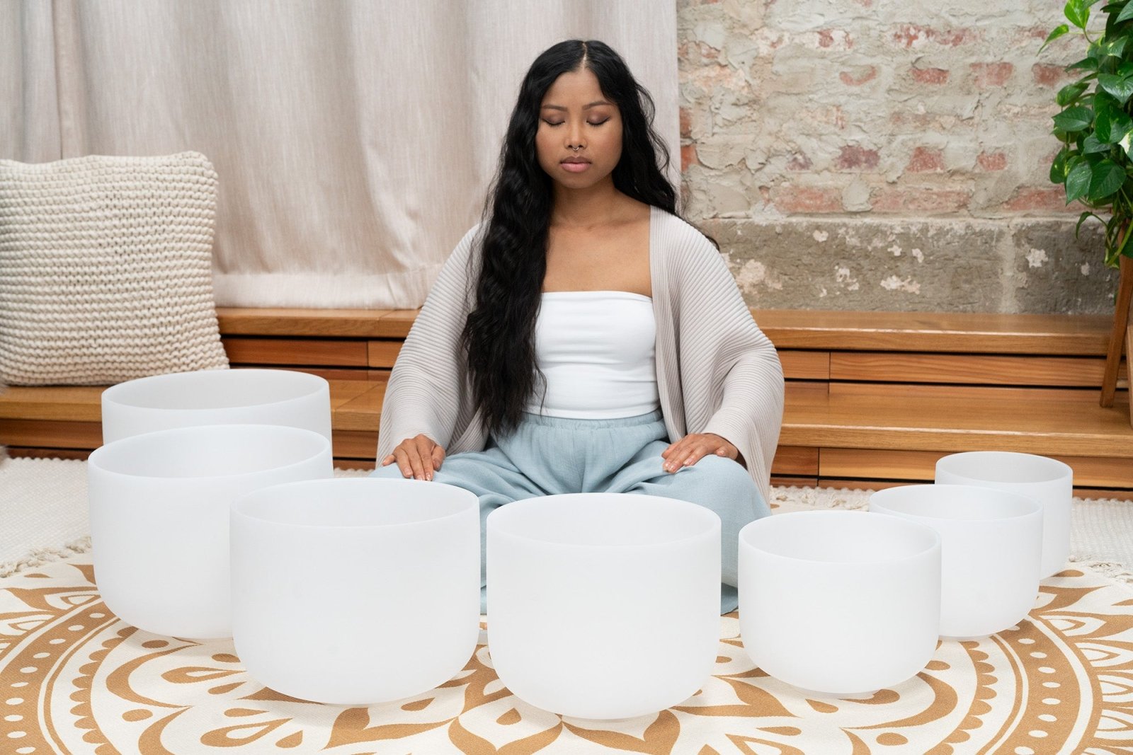 432 Hz 8" - 14" Crystal Singing Bowls Chakra Set of 7 - Pure White Frosted Quartz Sound Healing LAB