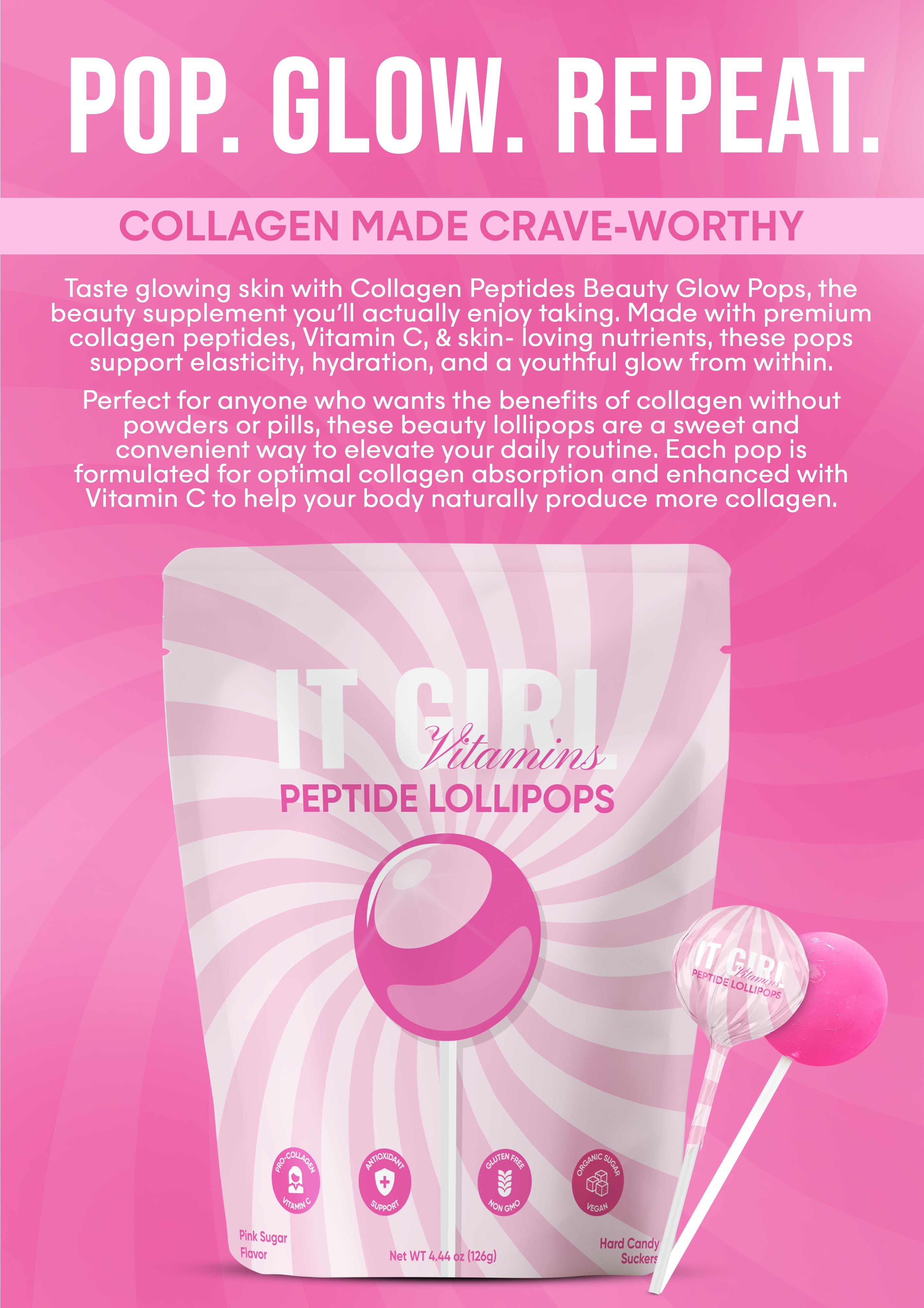 It Girl Beauty Lollipops - Collagen Peptides & Vitamin C Healthy Candy for Skin, Hair, Nails