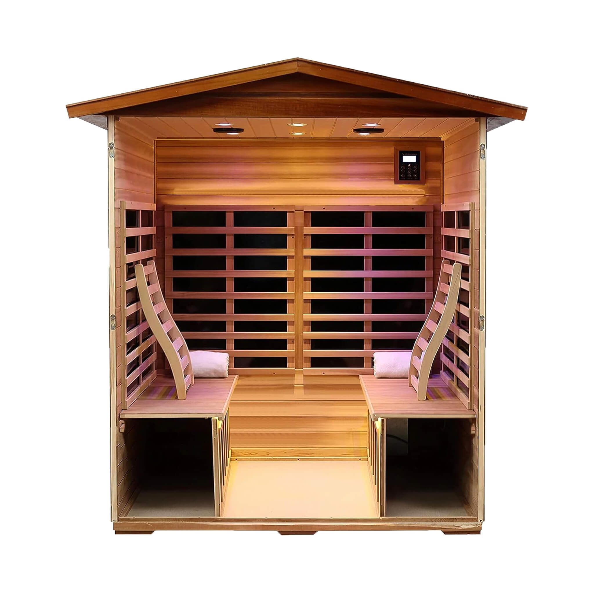 Deluxe 4 - Person Outdoor Mahogany Full Spectrum Ultra - Low EMF FAR Infrared Sauna With Chromotherapy And Bluetooth Speakers (SAK98263) SAKSBY WHOLESALE