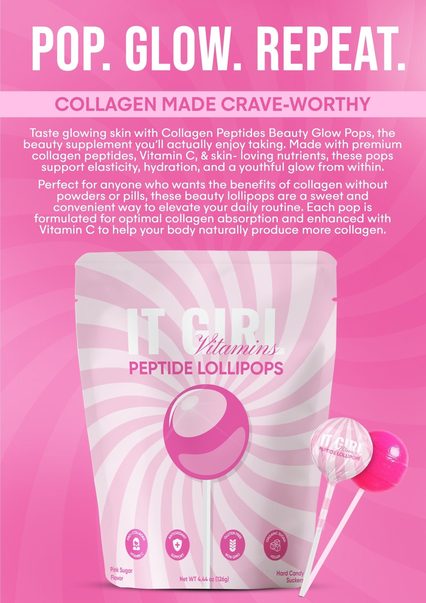 It Girl Beauty Lollipops - Collagen Peptides & Vitamin C Healthy Candy for Skin, Hair, Nails It Girl Vitamins