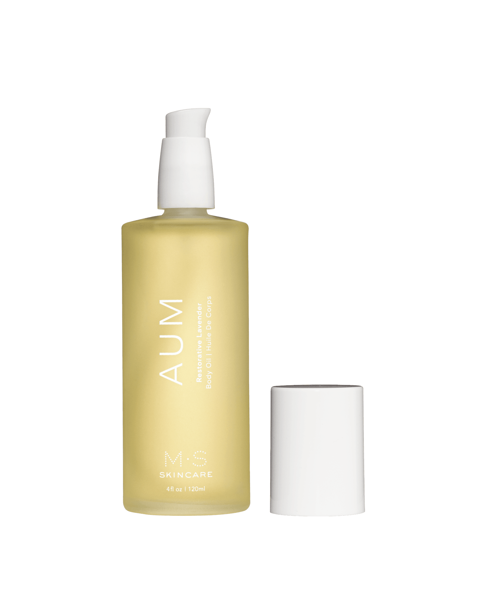 M.S Skincare AUM Lavender Restorative Body Oil -luxury skincare in a frosted white bottle with white printing and pump.