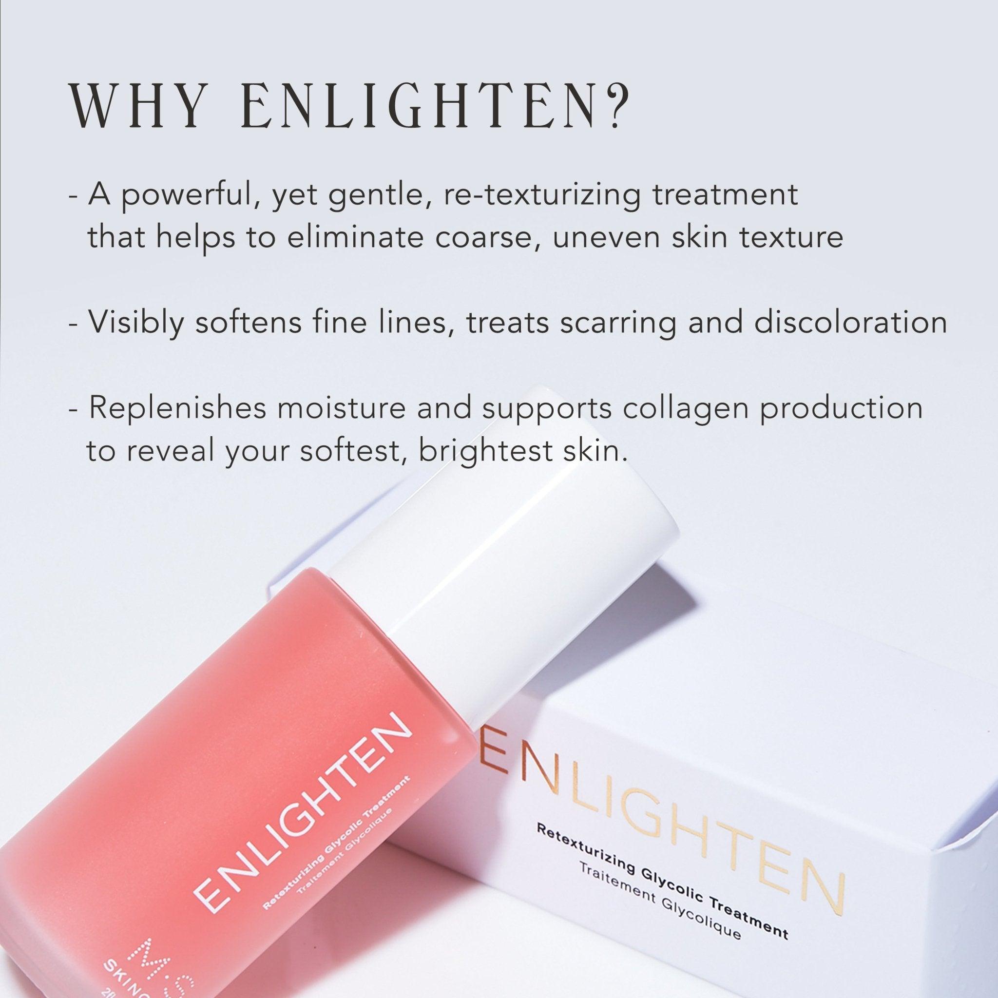 M.S Skincare ENLIGHTEN Retexturizing Glycolic Treatment - Pink Ayurvedic gel in a glass bottle with white printing and pump.