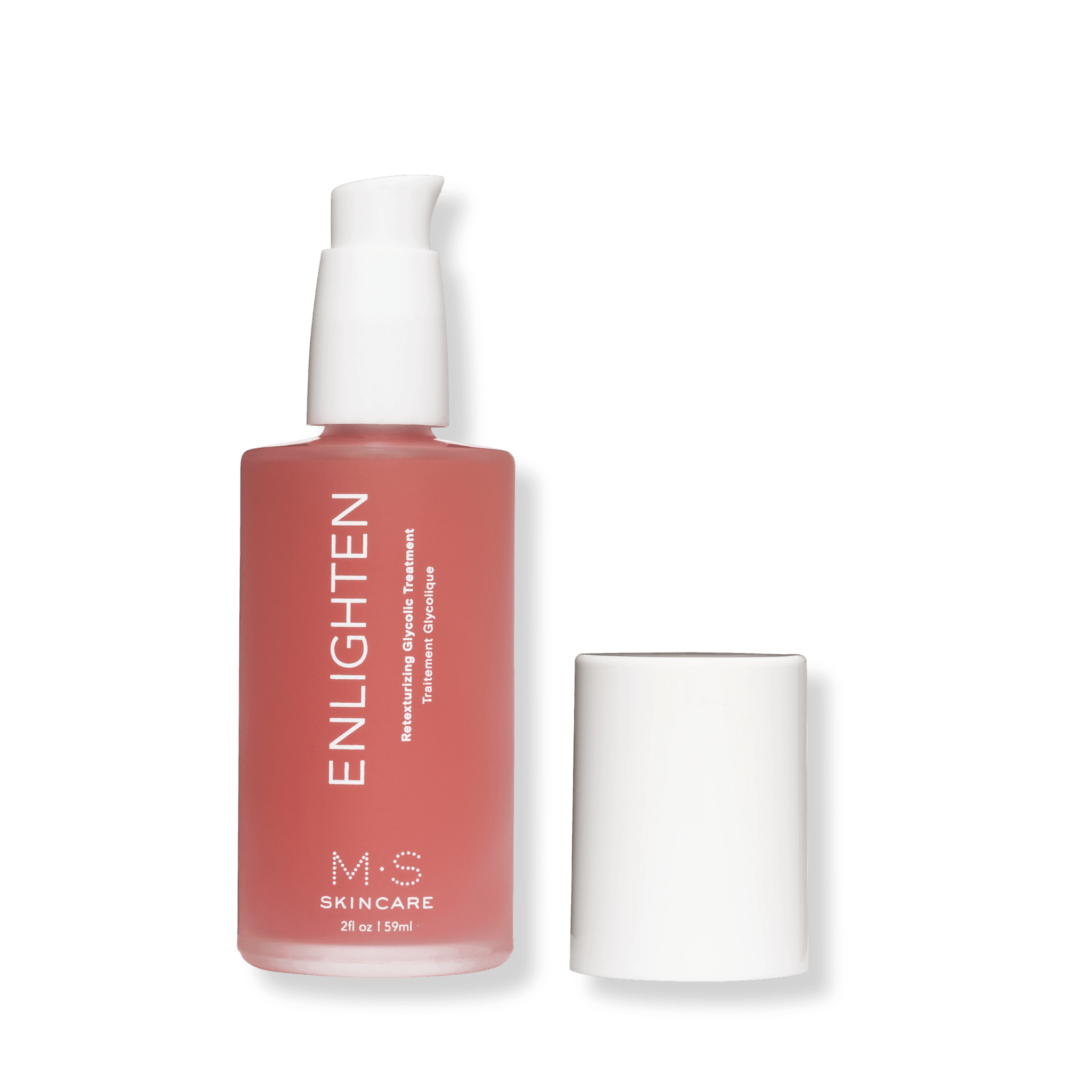 M.S Skincare ENLIGHTEN Retexturizing Glycolic Treatment - Pink Ayurvedic gel in a glass bottle with white printing and pump.