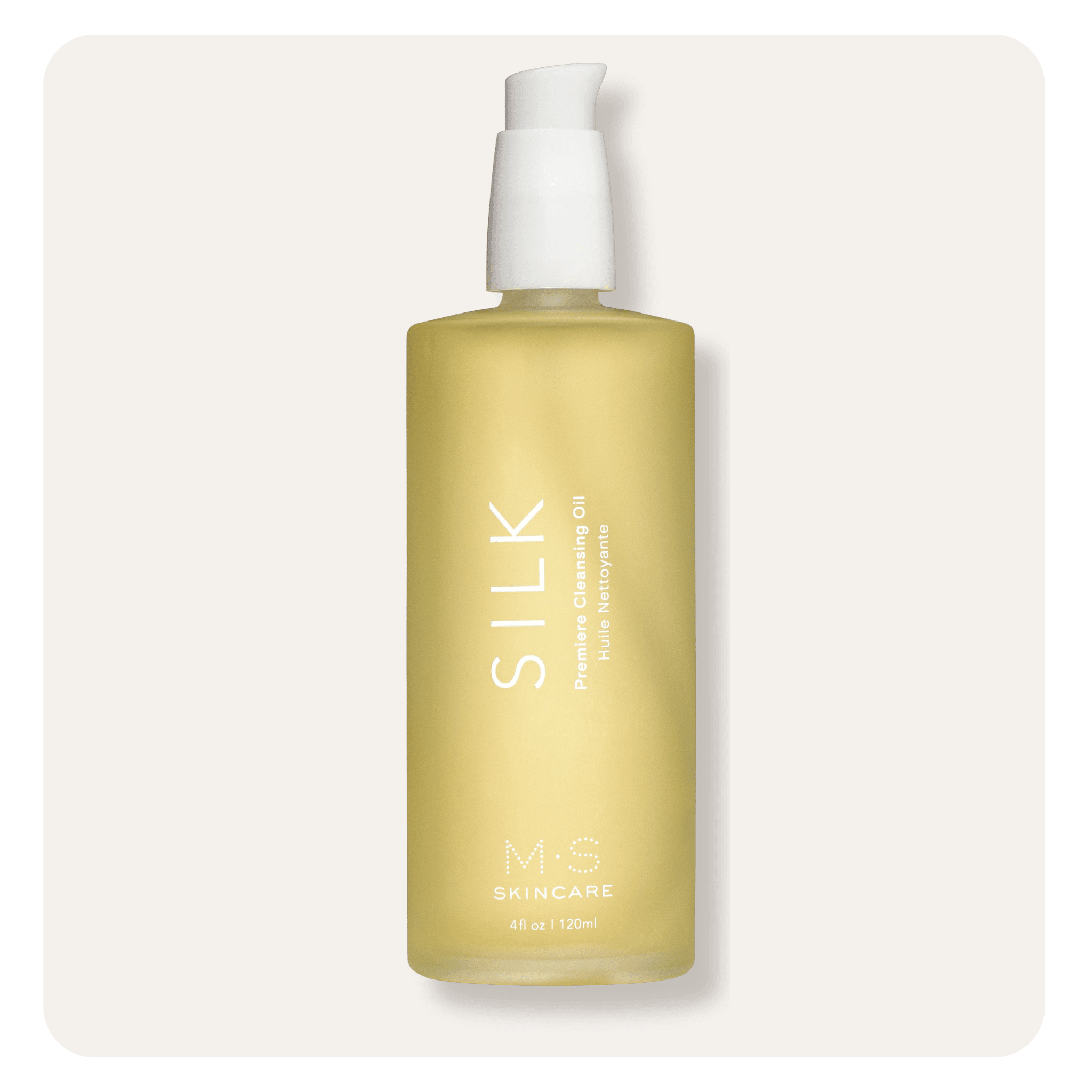 M.S Skincare SILK Premier Cleansing Oil - golden Ayurvedic oil in a frosted bottle with white printing and cap.