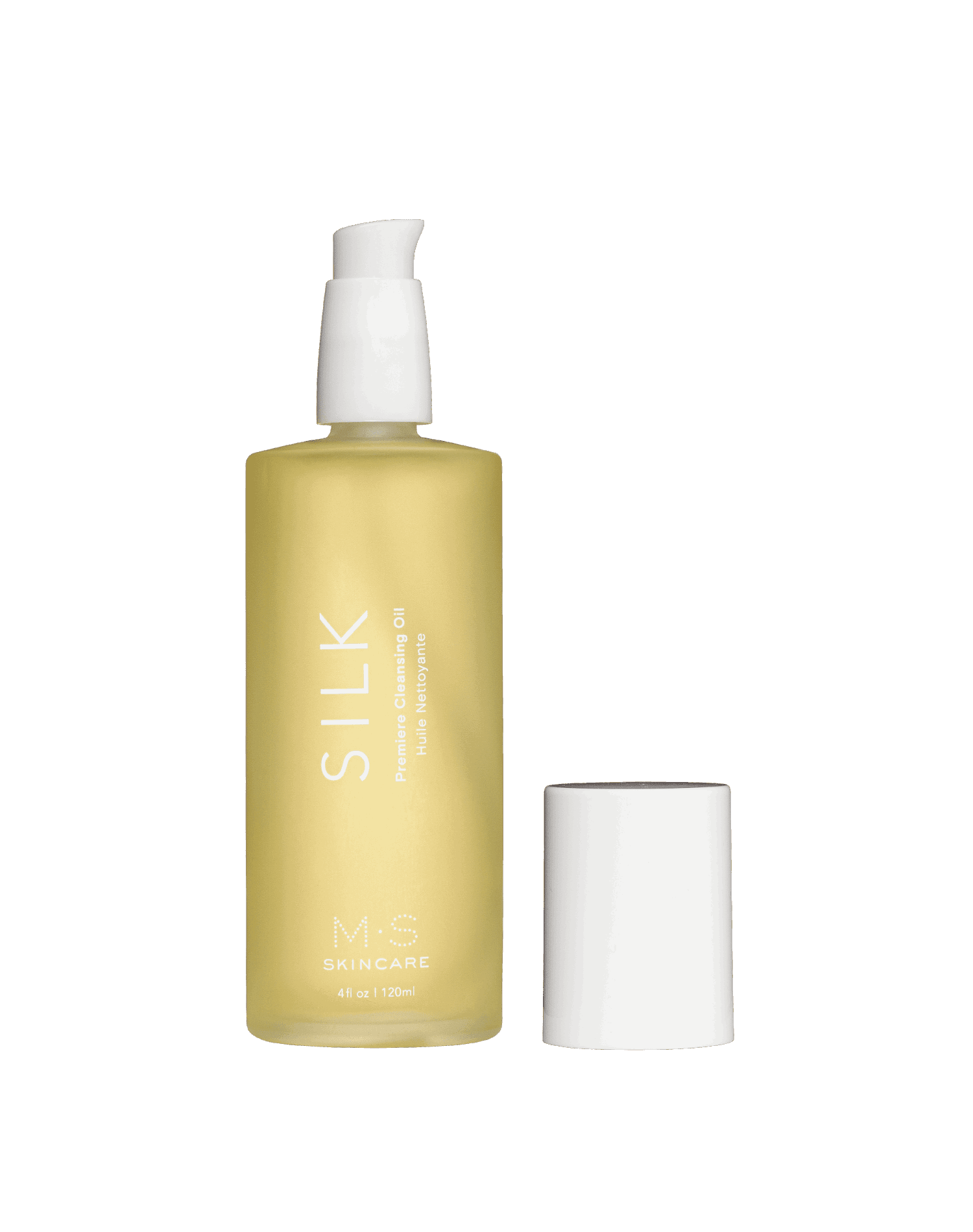 M.S Skincare SILK Premier Cleansing Oil - golden Ayurvedic oil in a frosted bottle with white printing,pump and cap.