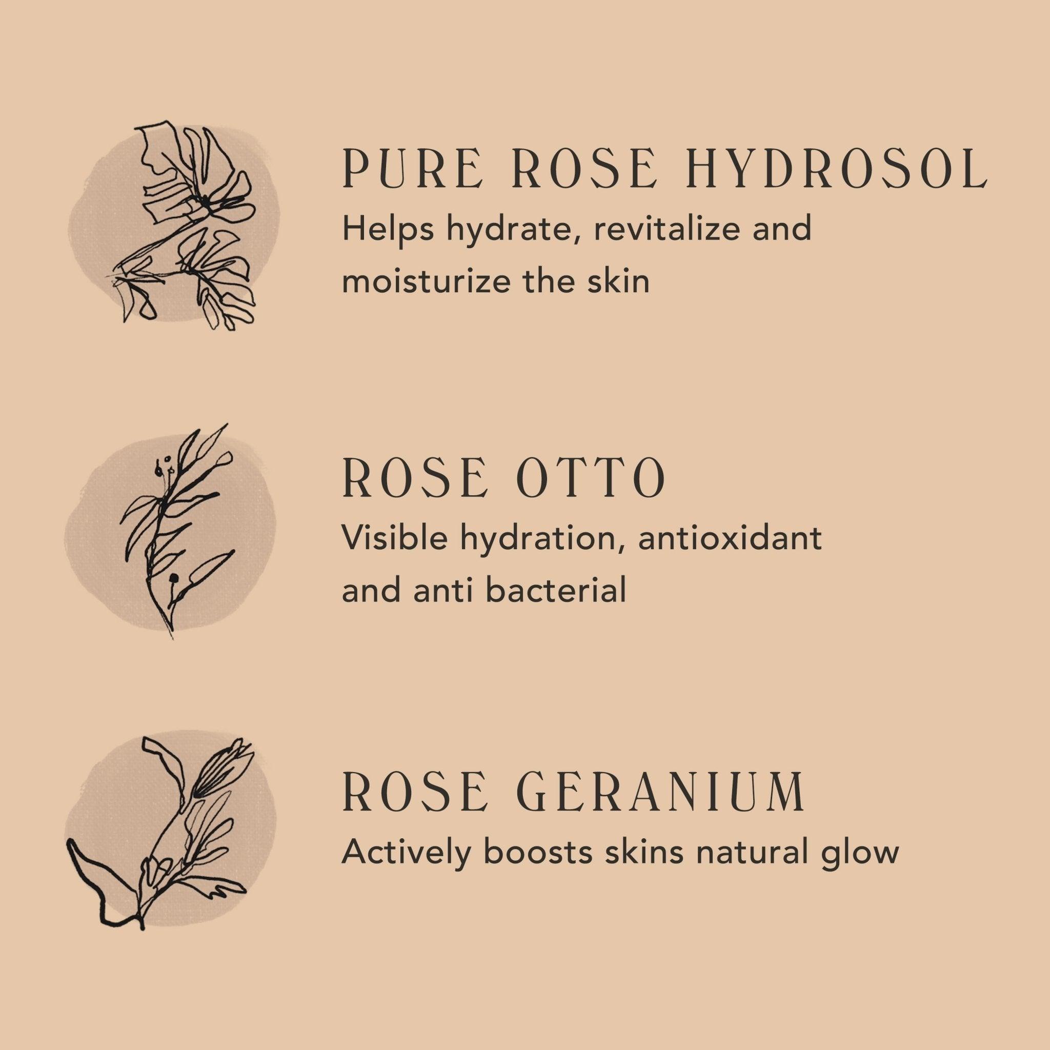 Beige infographic about M.S Skincare SOFIA Luminous Rose Mist with botanical symbols and ingredients.