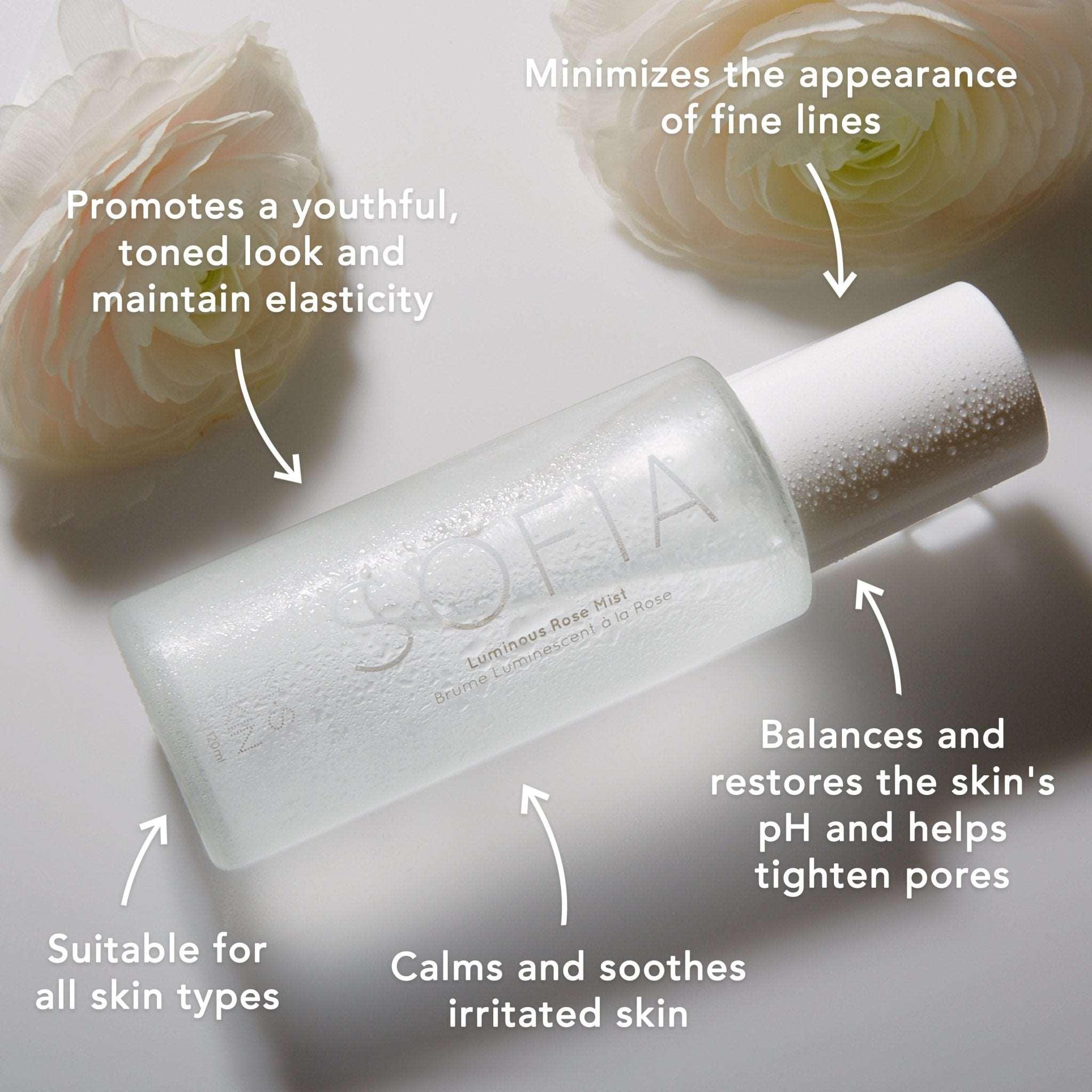 M.S Skincare SOFIA Luminous Rose Mist- luxurious rose toner in a frosted white bottle with white printing with white roses.