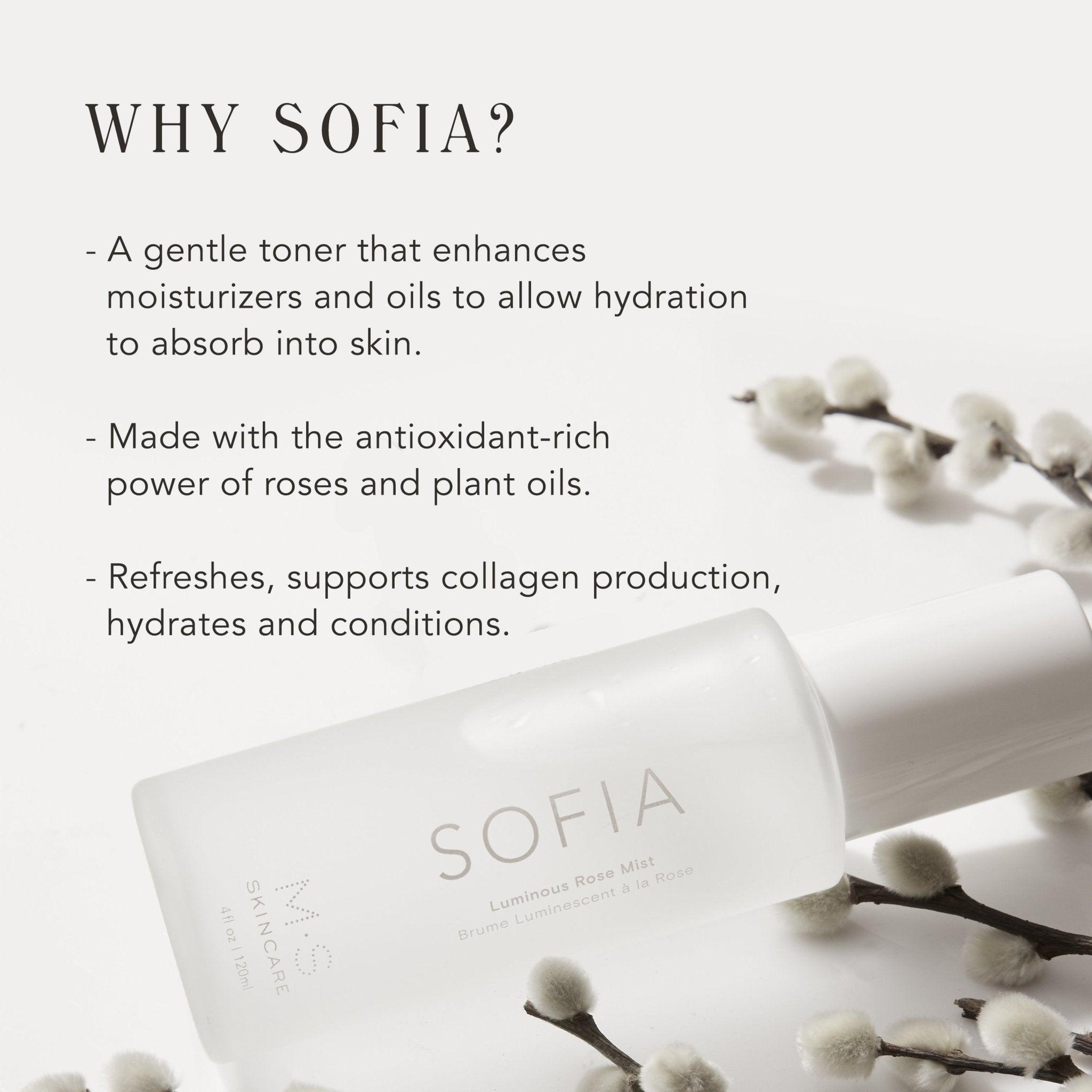 M.S Skincare SOFIA Luminous Rose Mist- luxurious rose toner in a frosted white bottle with white printing and cap