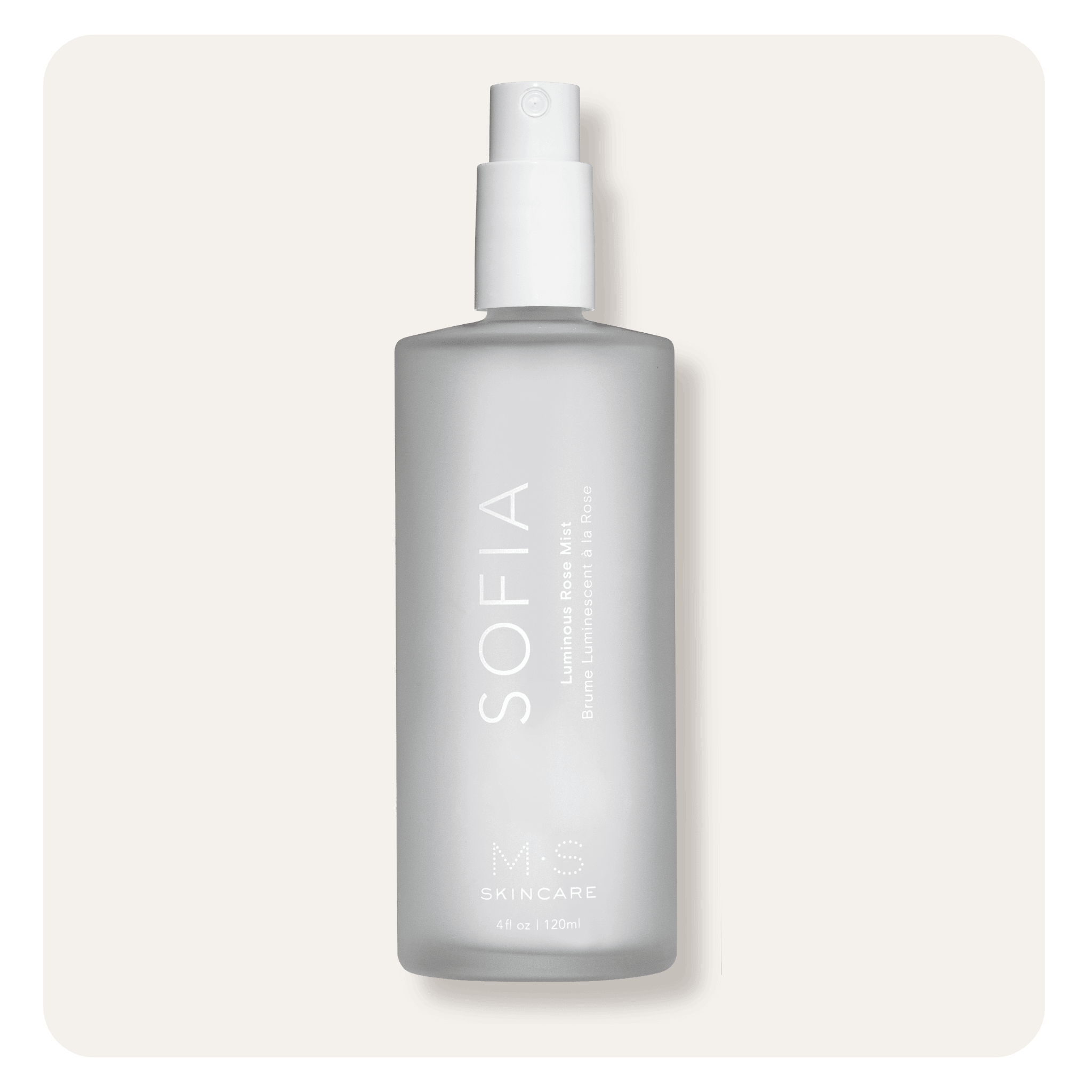 M.S Skincare SOFIA Luminous Rose Mist- luxurious rose toner in a frosted white bottle with white printing with sprayer