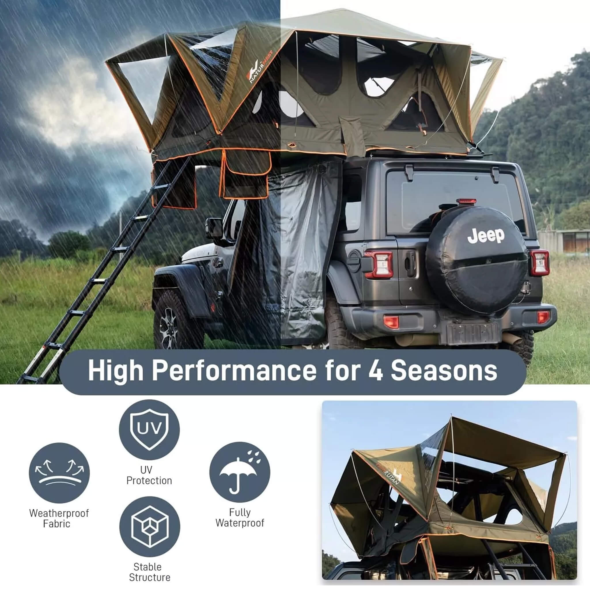 Naturnest Andromeda Green Soft Shell Rooftop Tent With Large Panoramic Skylight & YKK Doors (SAK50612) SAKSBY WHOLESALE