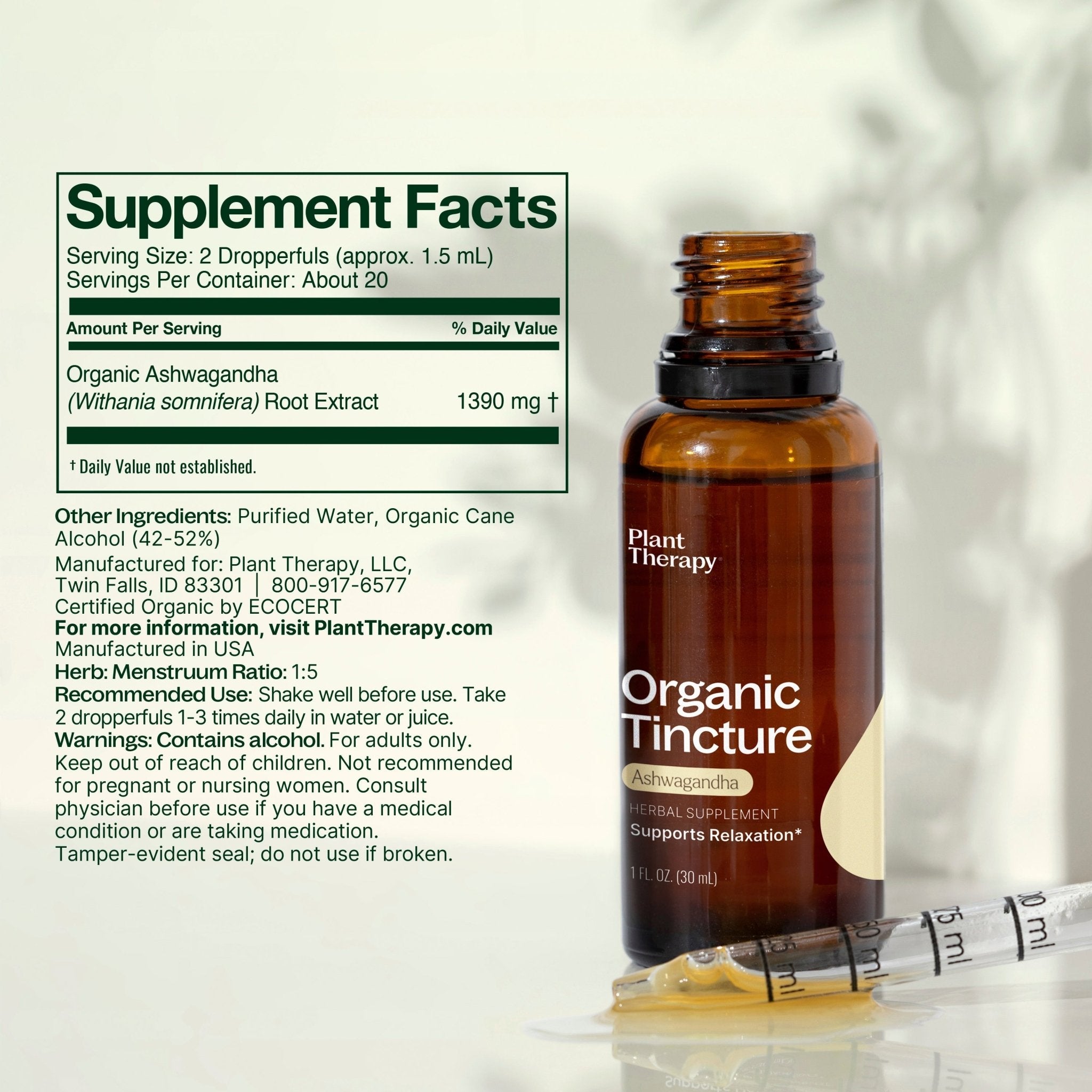 Organic Ashwagandha Herbal Tincture Plant Therapy