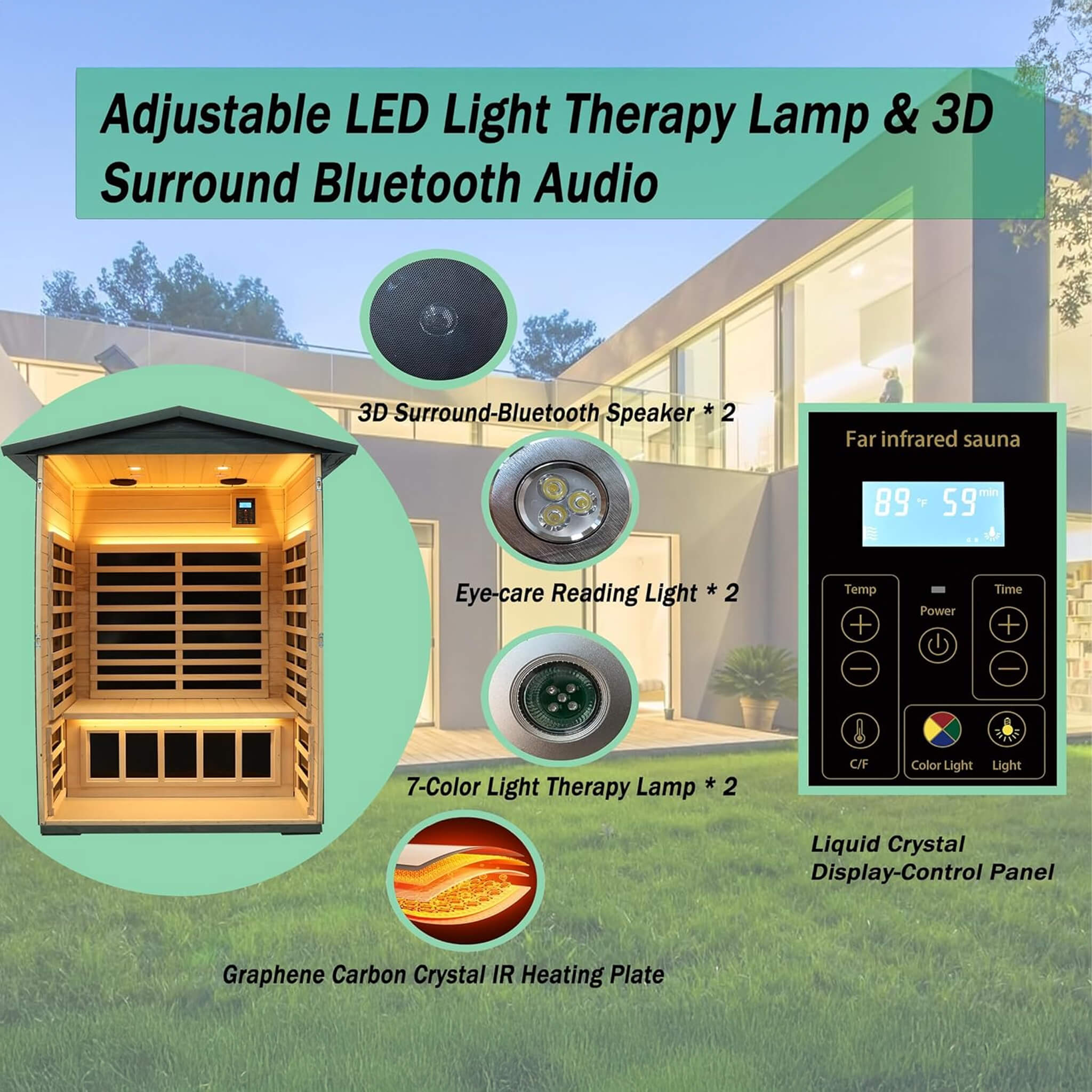 Premium 2 - Person Black Carbonized Walnut Low EMF Far Infrared Outdoor Sauna With Bluetooth Audio And LED Lighting (SAK16850) SAKSBY WHOLESALE