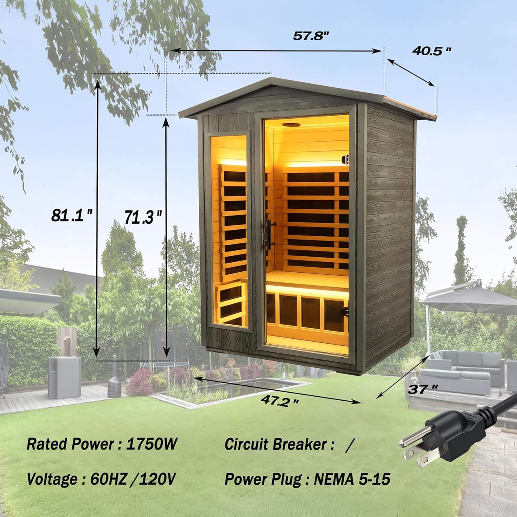 Premium 2 - Person Black Carbonized Walnut Low EMF Far Infrared Outdoor Sauna With Bluetooth Audio And LED Lighting (SAK16850) SAKSBY WHOLESALE