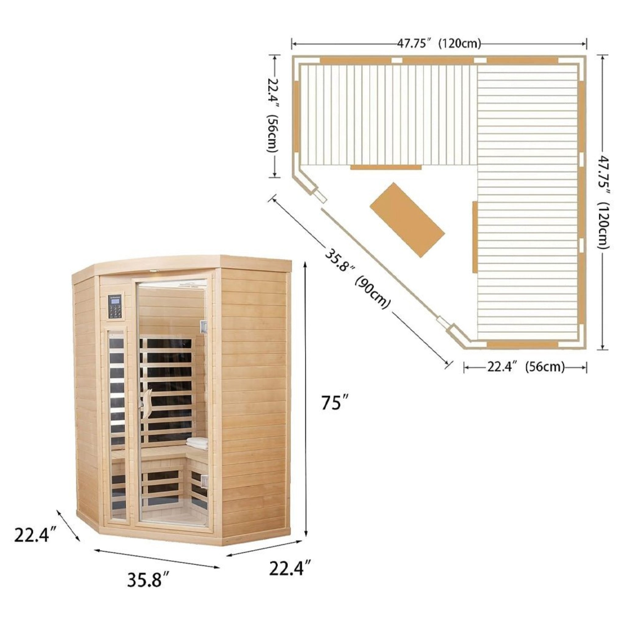 Premium 2 - Person Corner Space Infrared Wooden Sauna Room With Bluetooth Speakers, 1600W (SAK81524) SAKSBY WHOLESALE